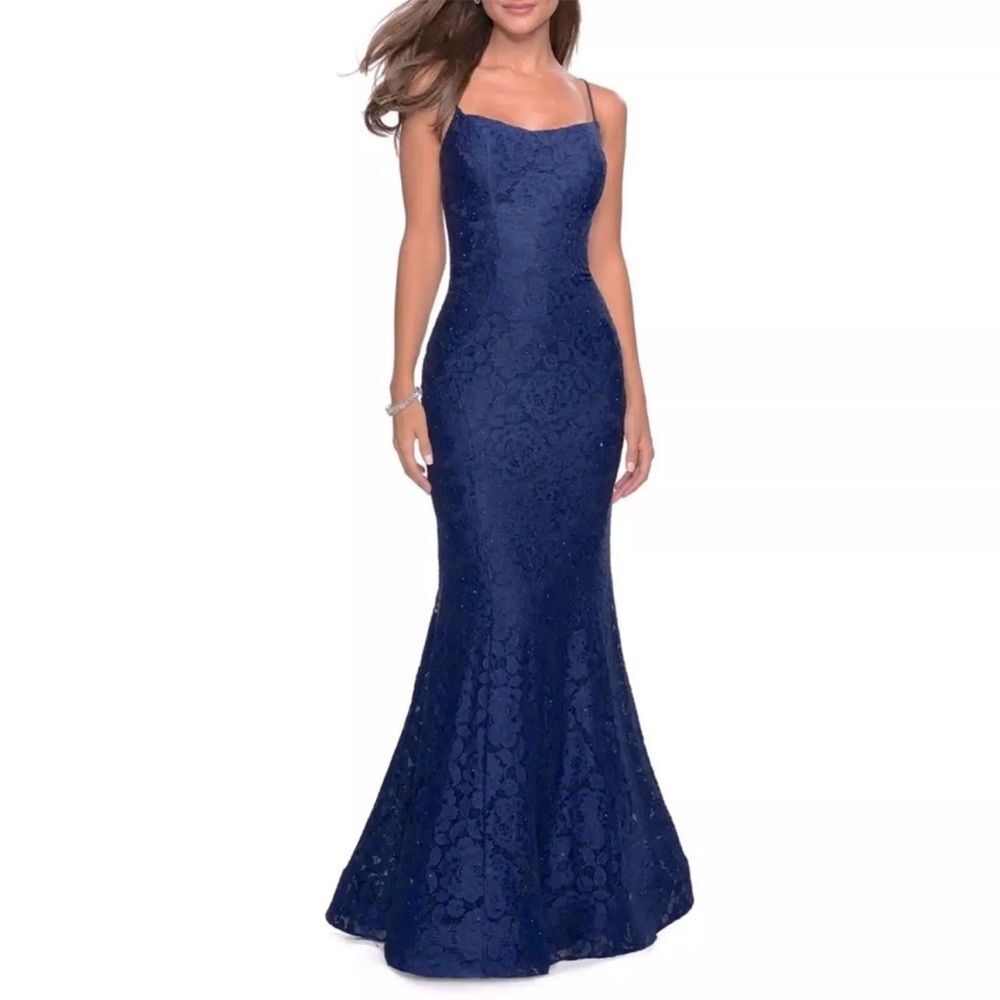 NWOT La Femme | Criss Cross Strappy‎ Shimmer Blue Lace Formal Dress Gown 8